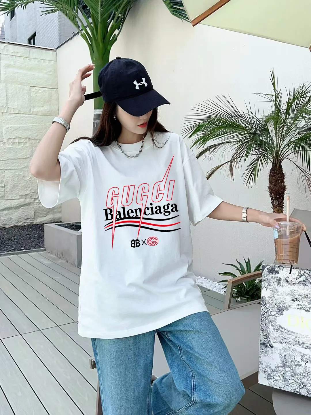 P80✨🔥 [Gucci co-branded with Balenciaga] 2026FW short-sleeved T-shirt printed letter logo Premium 26s double yarn 300g fabric heavy fabric custom stretcher rib same vat and dye complete three labels men and women Same Style Color: Black White Apricot Size: S M L XL XXL